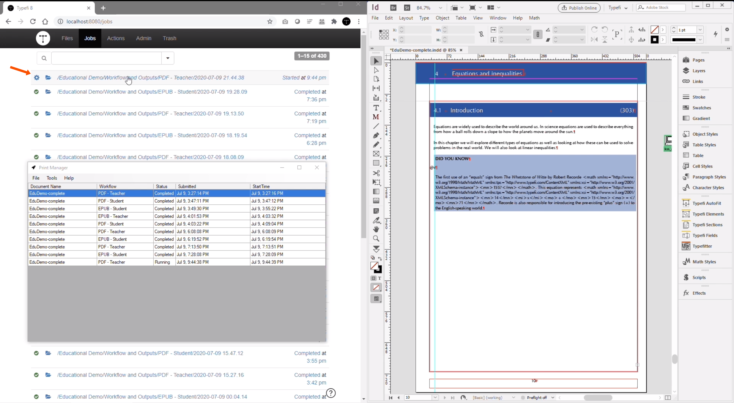 One window open with Typefi workflow interface and cogwheel spinning, second window open with InDesign working file