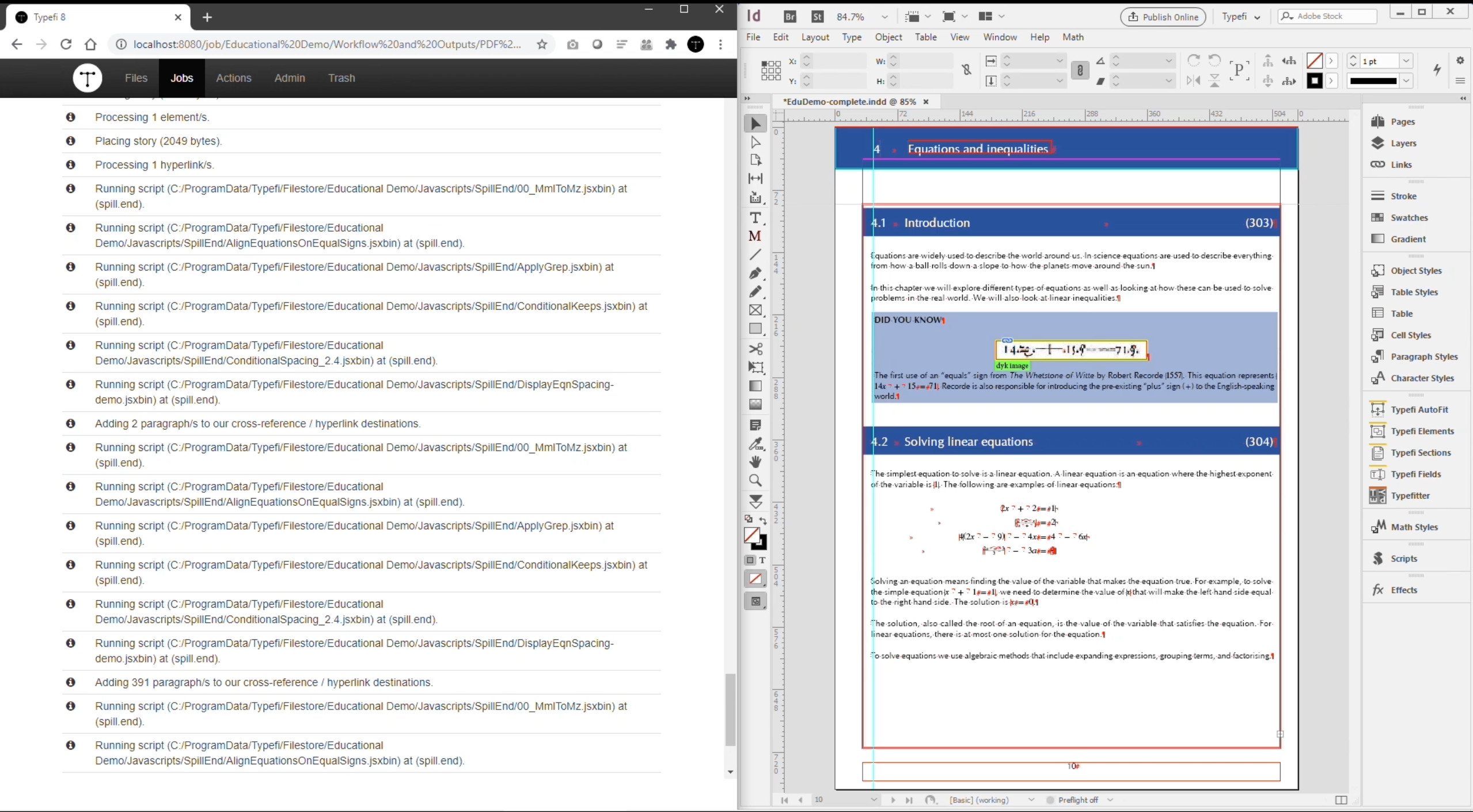 One window open with Typefi workflow interface and all tasks complete, and second window open with working InDesign file and MathML