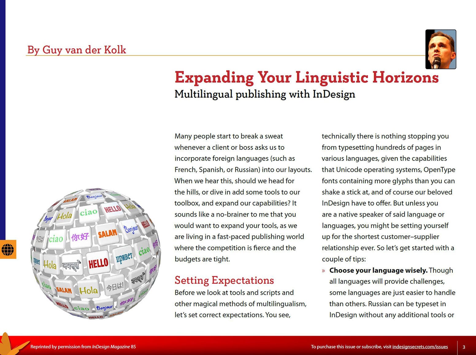 First page of 'Expanding Your Linguistic Horizons' by Guy van der Kolk in the May 2016 issue of InDesign Magazine.