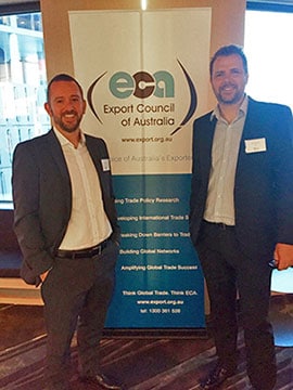 Typefi Financial Controller Michael Cousins and VP Engineering Ben Hauser at a reception in Brisbane to announce the finalists of the 2016 Premier of Queensland's Export Awards.