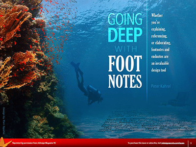 Title page of Peter Kahrel's 'Going deep with footnotes' article in the March 2017 issue of InDesign Magazine. The image shows a person in scuba diving gear ignoring the brightly-coloured fish and coral behind them to look at the ocean floor where a dictionary definition of footnotes is printed on the sand.