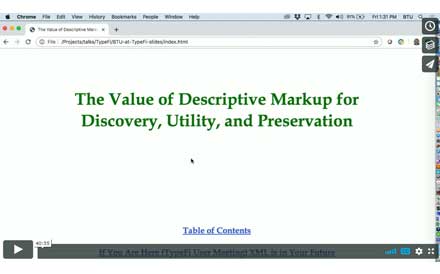 Opening slide of Tommie Usdin's presentation on descriptive markup.