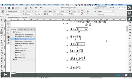 Screenshot from Eric Damitz's math typesetting presentation showing math equations in an InDesign document.
