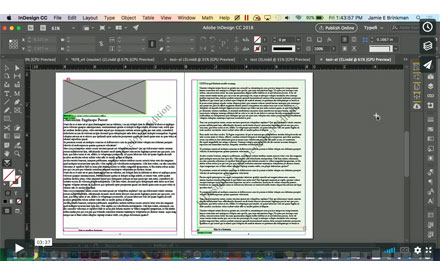 Screenshot from Jamie Brinkman's presentation on paragraph shading, showing a document open in InDesign. The right-hand page is text with a shaded green background.