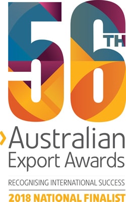 56th Australian Export Awards logo. Text reads: Recognising International Success, 2018 National Finalist.