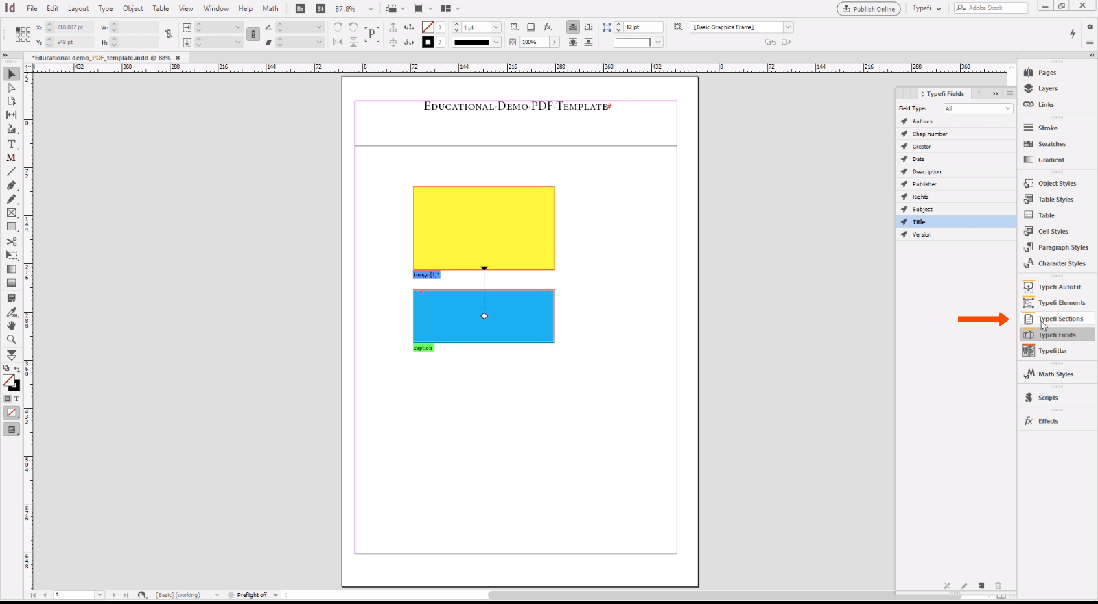 InDesign interface with template open and an arrow pointing to the Typefi features
