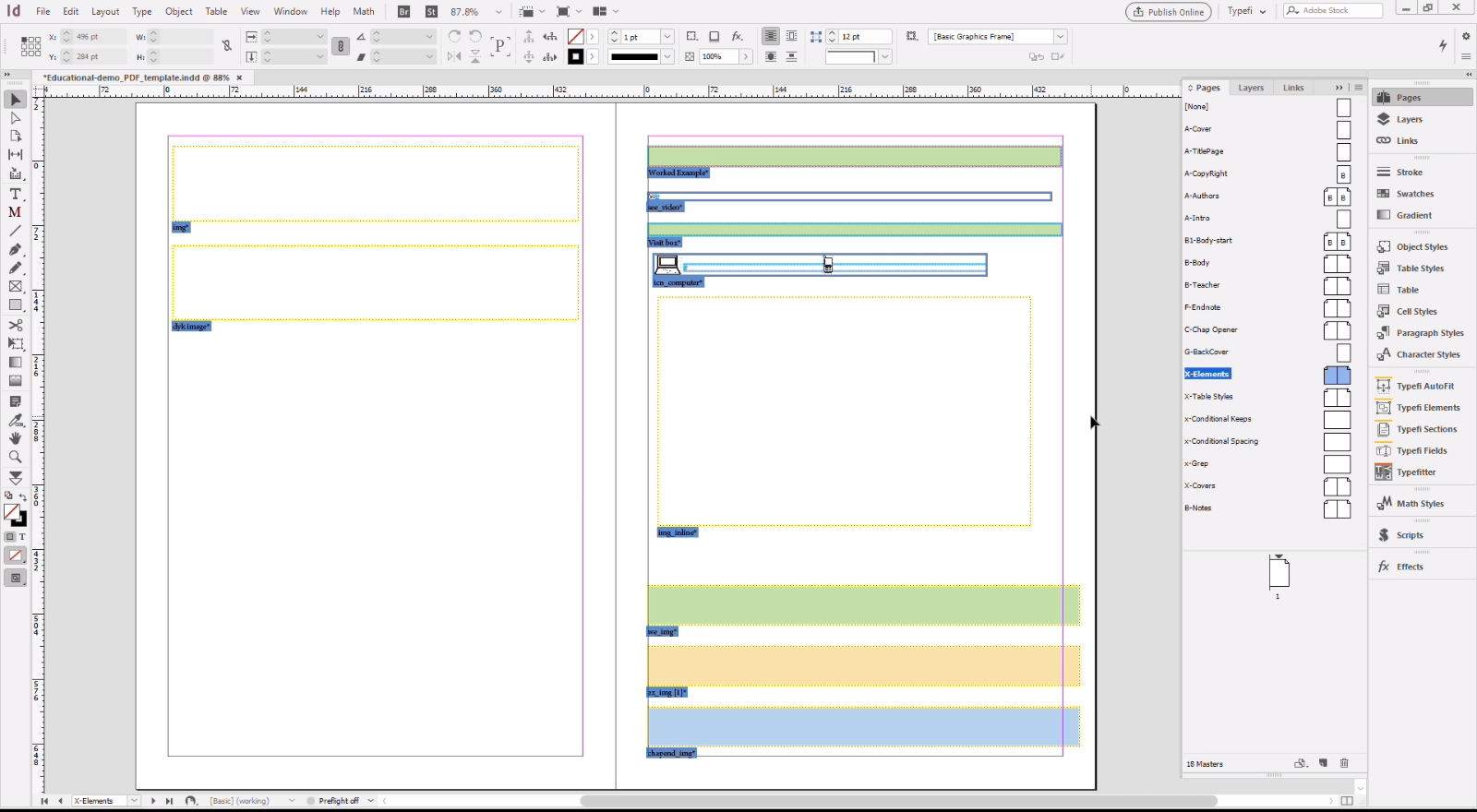 InDesign interface with template containing different coloured boxes and frames