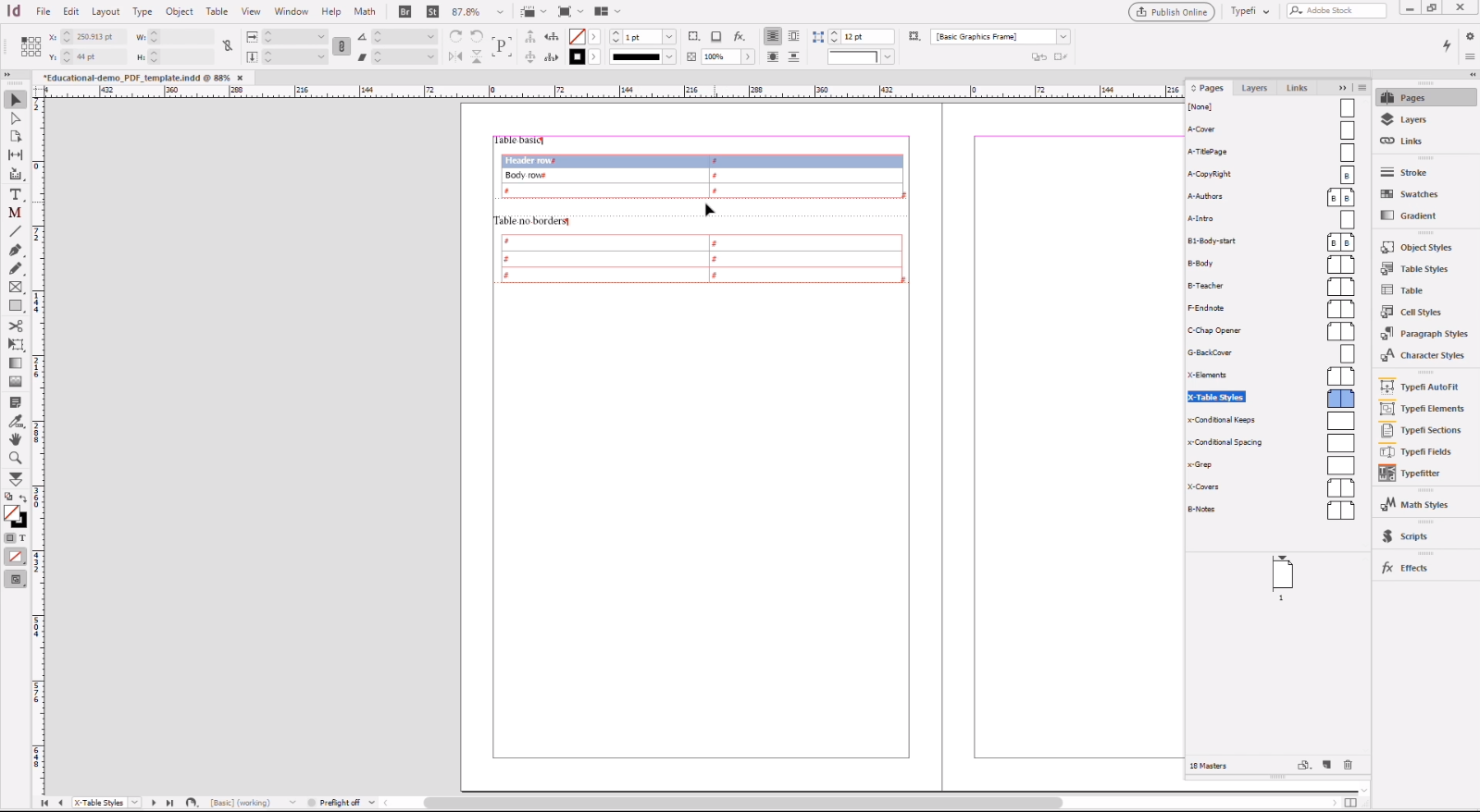 InDesign interface with tables placed on template