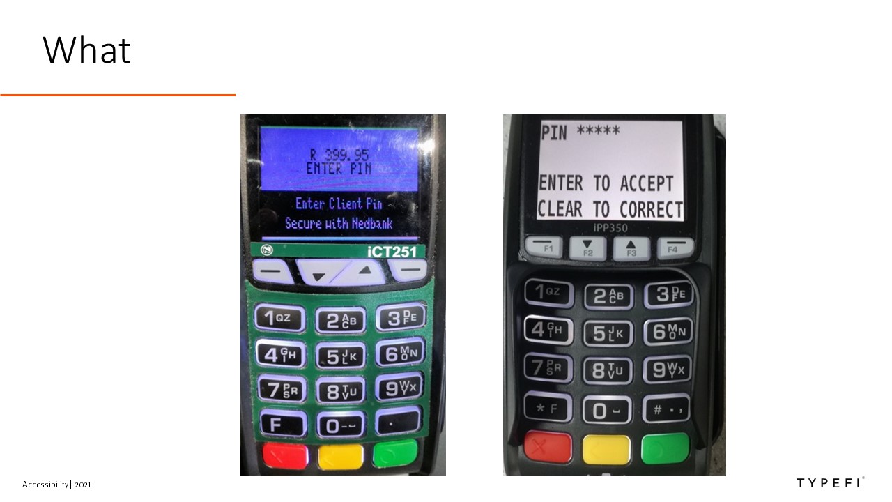 Photos of two POS machines side by side. The screen on the first has small black text on a blue background; the second has much larger and clearer black text on a white background.