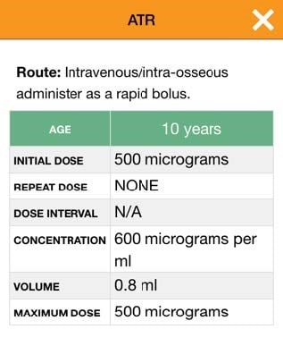 A screenshot from the JRCALC app showing dosage information for a 10-year-old, including route, initial and repeat doses, dose interval, concentration, volume, and maximum dose.