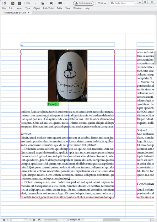 An InDesign page showing a photo at the top of the page anchored to a paragraph at the bottom.