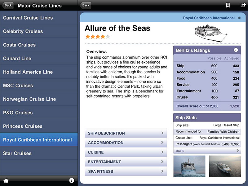 A screenshot from the Berlitz Cruise Ships app.