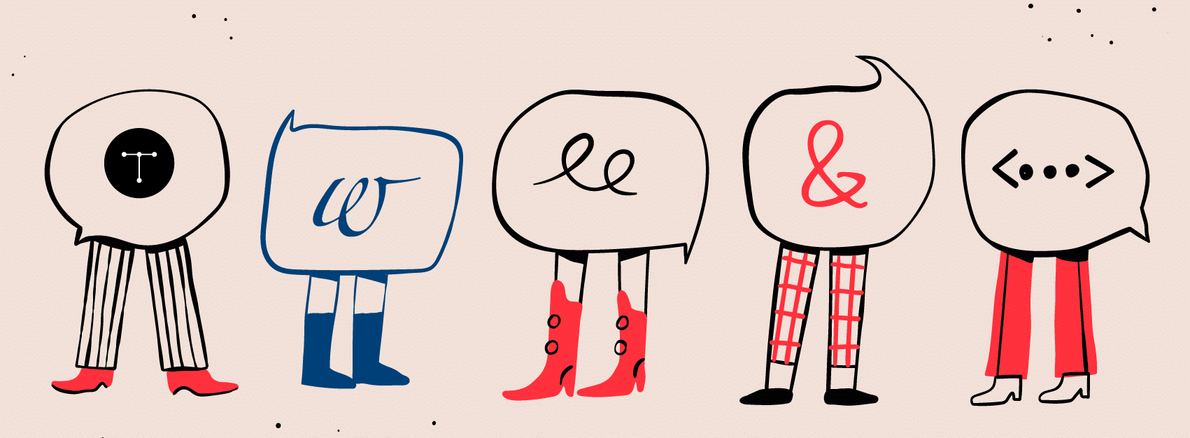 Flat vector illustration of speech bubbles with legs. Each speech bubble contains a different symbol including the Typefi logo, a blue lowercase w, a squiggle, ampersand and a symbol for xml.