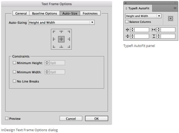 The Auto-Size section of InDesign's Text Frame Options dialogue alongside the Typefi AutoFit panel.