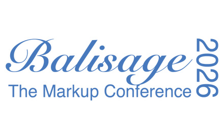 Logo for Balisage, The Markup Conference. The logo shows the event name in script with the tagline below it in sans-serif and the year 2026 to the right.