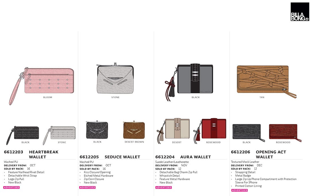 A page from Billabong's Indulgence Collection accessories catalogue containing product data for ladies' wallets.