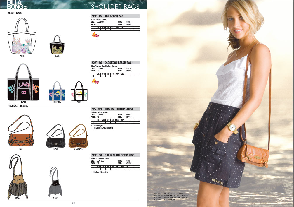 A two-page spread from a Billabong catalogue. On the left page is product information about handbags, and on the right is a young woman modelling a Billabong top, shorts, handbag and accessories.