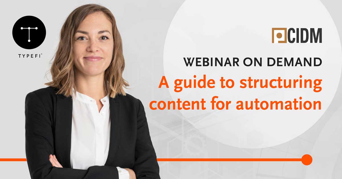 Promo for an on-demand Typefi webinar about structuring your content for automation.
