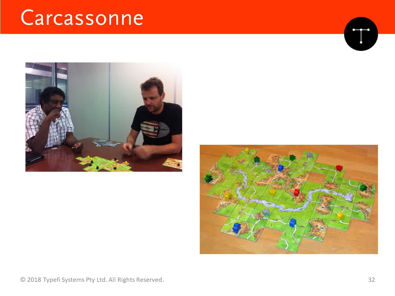 A slide with two photos - one shows Chandi Perera and Ben Hauser playing Carcassonne, and the other is a photo of Carcassonne tiles laid out during a game.