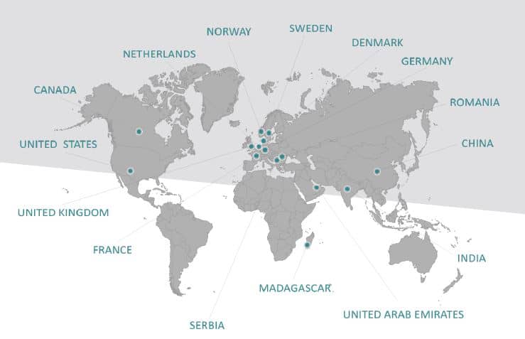 A world map showing the countries where Flatirons Jouve has customers, including Canada, Netherlands, Norway, Sweden, Denmark, Germany, Romania, China, India, United Arab Emirates, Madagascar, Serbia, France, UK, and USA.