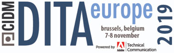 Logo for CIDM DITA Europe 2019, Brussels, Belgium, 7-8 November, powered by Adobe Technical Communication.