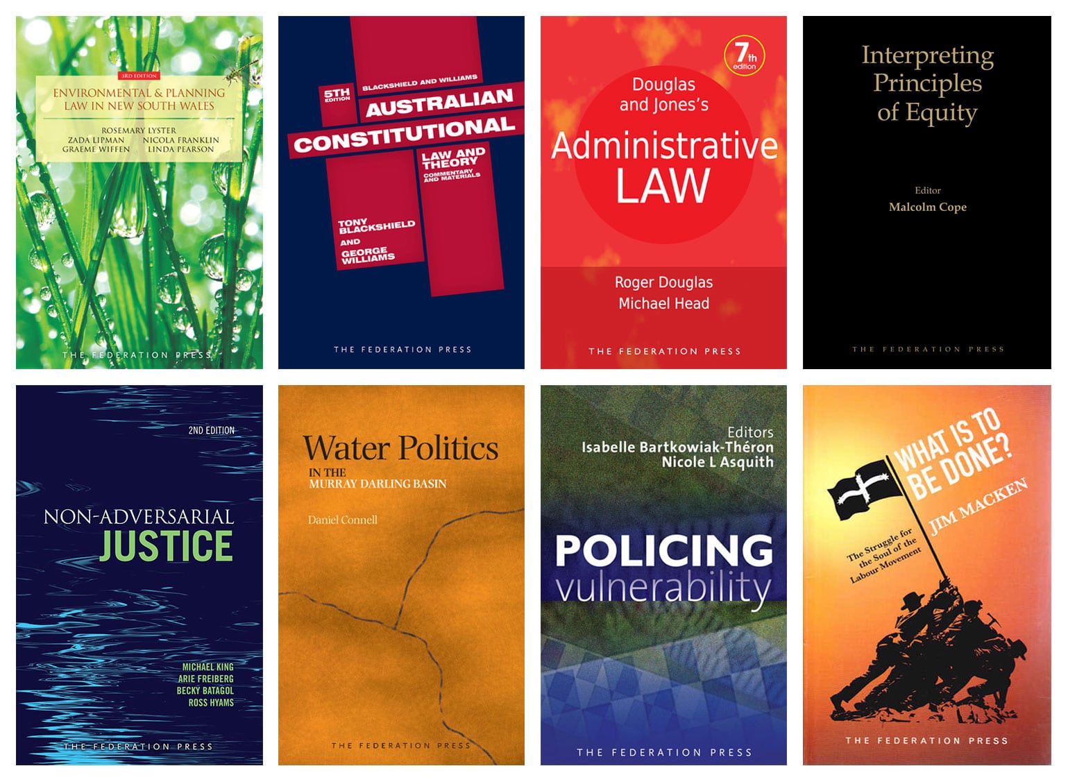 Covers of books published by The Federation Press, including titles on law, justice, and politics.