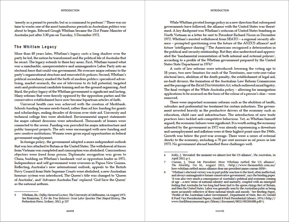 A two-page spread from a Federation Press textbook on the Gough Whitlam prime ministership, with text and extensive footnotes.