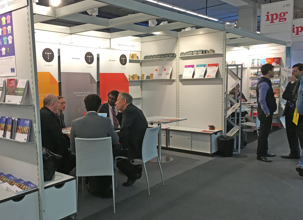 Marie Gollentz and Chandi Perera hosting a meeting in Typefi's stand at the 2017 Frankfurt Book Fair