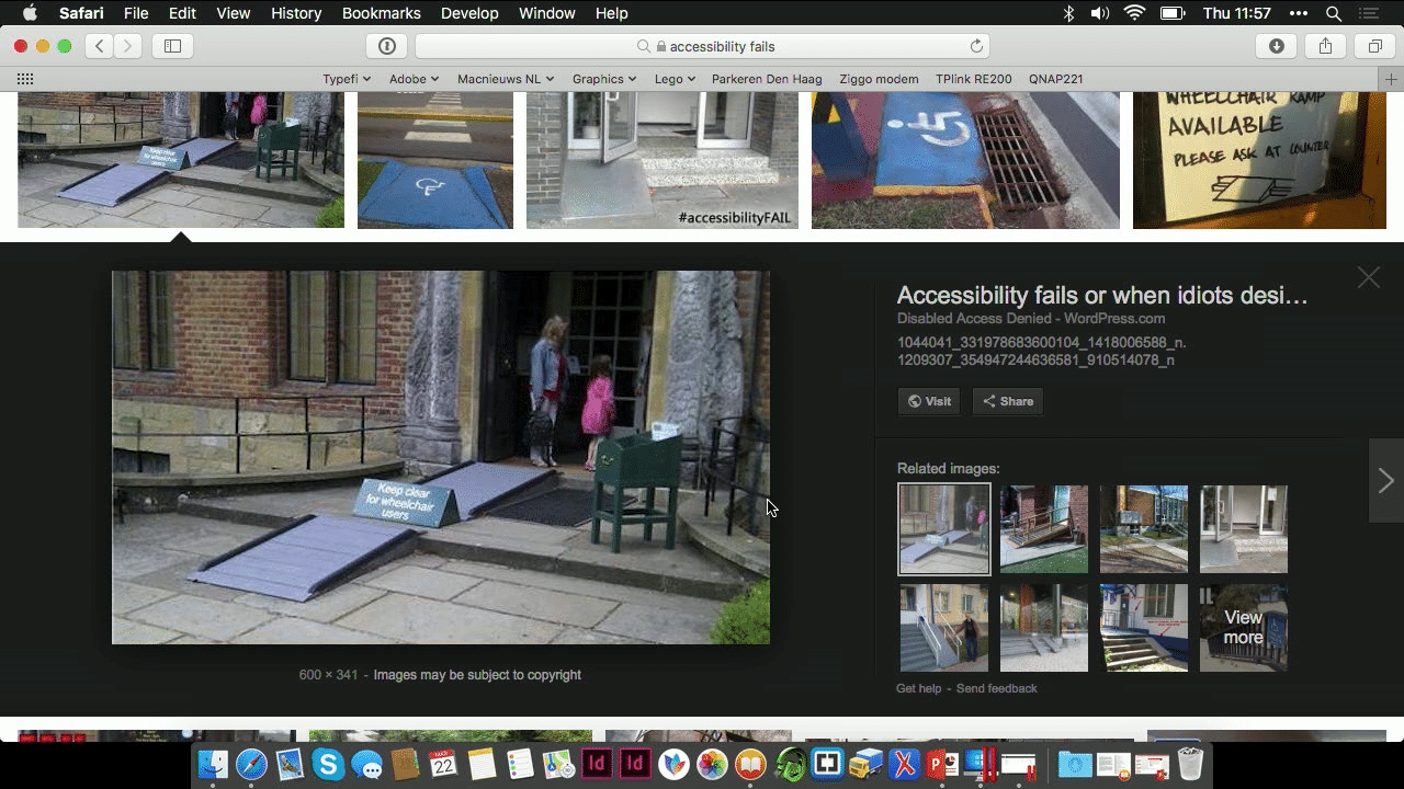 A screenshot of an image result from a search on 'accessibility fails'. The highlighted image shows two accessibility ramps for wheelchair users on a shallow set of stairs. There is a sign on the landing between the ramps that says, “Keep clear for wheelchair users”, but the sign itself is blocking access to the second ramp.
