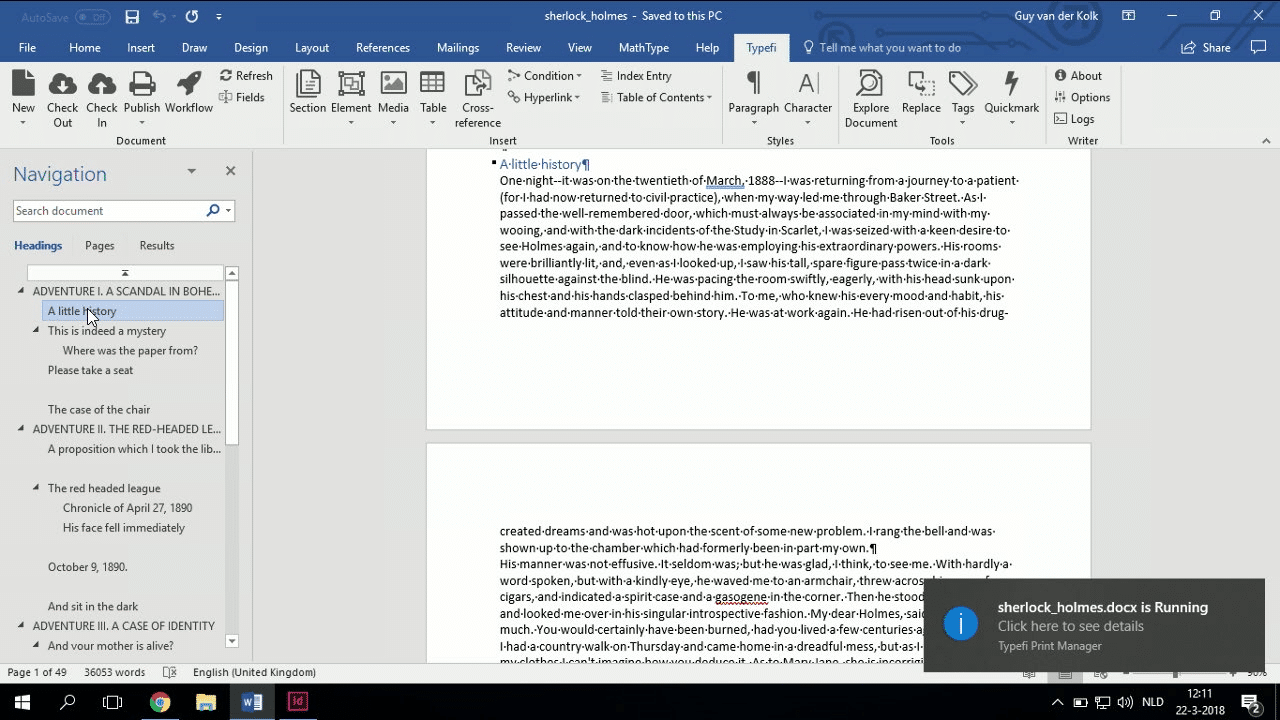 A Word document with the heading structure visible in the Navigation pane on the left.