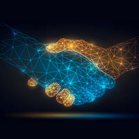 An artist's impression of a digital handshake between two wireframe hands.