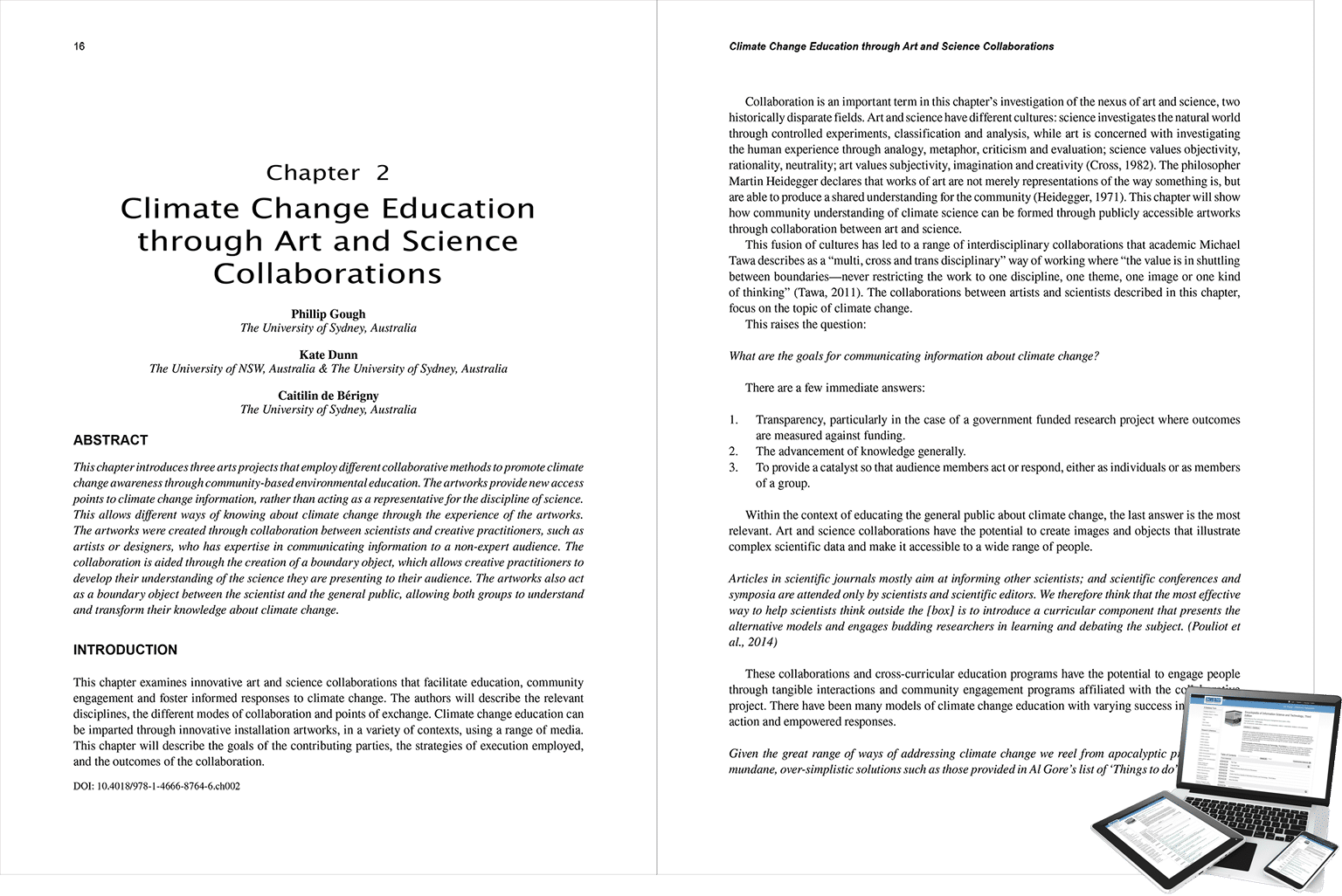 A two-page spread from an IGI Global textbook on climate change education, and a small overlaid graphic of content appearing on a laptop, a tablet, and a mobile phone.