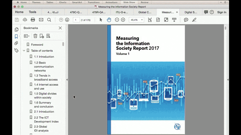 Animation showing the first few pages of the ITU Measuring the Information Society Report 2017 PDF, including cover, acknowledgements, table of contents, list of figures, a chapter title page, text, and a chart.