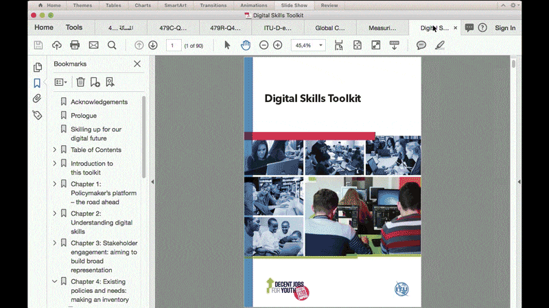 Animation showing the first few pages of the ITU Digital Skills Toolkit PDF, including cover, acknowledgements, table of contents, introduction, and an infographic.