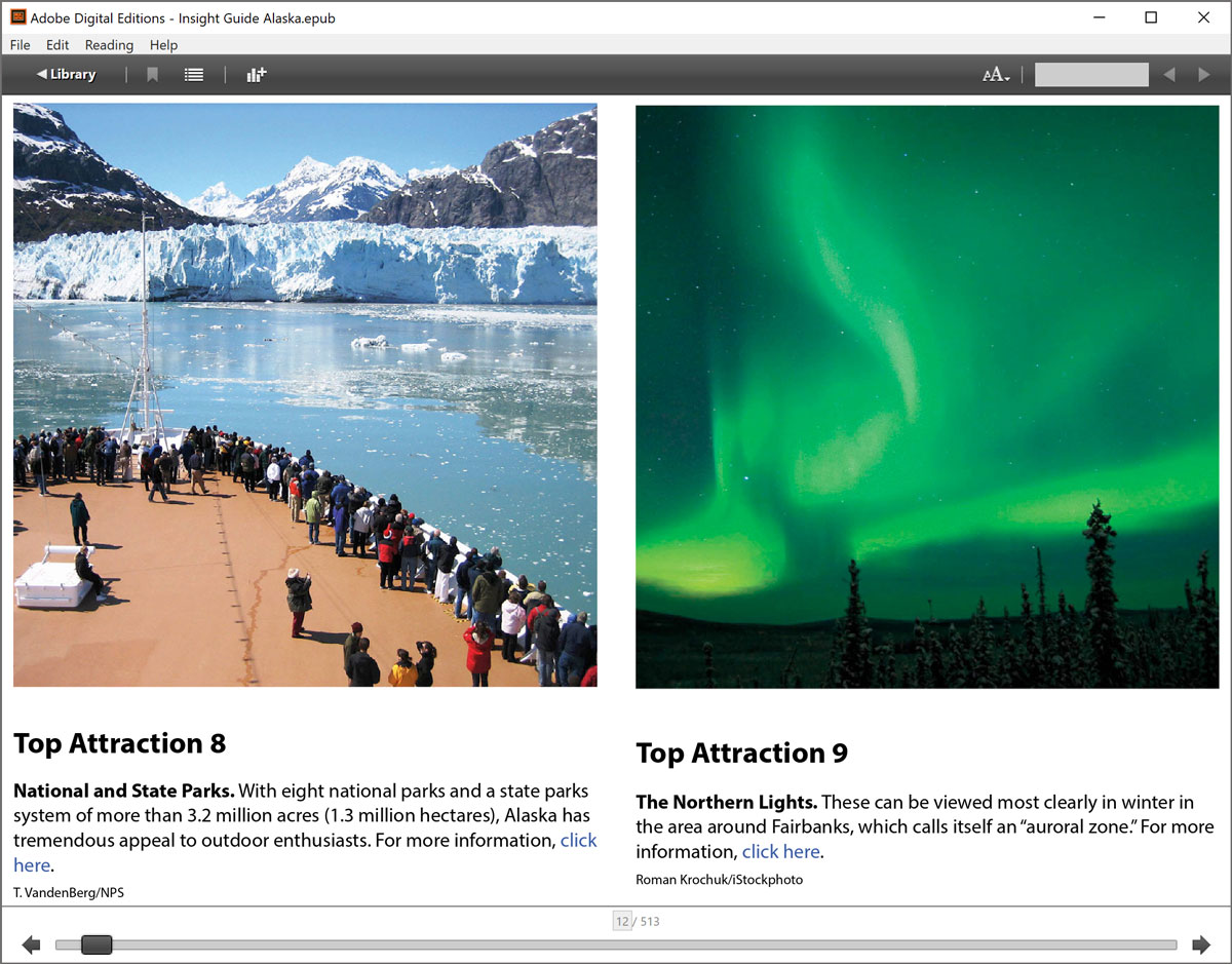 Pages from the Insight Guides Alaska e-book displayed in an EPUB reader. On the left is an image of tourists on a boat viewing a glacier, and information about Alaskan national and state parks. On the right is an image and information about the Northern Lights.