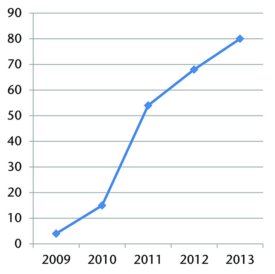 Graph showing the increase in production of new products over five years, from 4 new products in 2009, to 15 in 2010, 53 in 2011, 68 in 2012, and 80 in 2013.