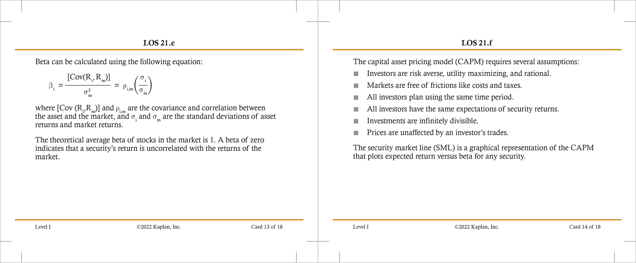 A two-page digital PDF spread of CFA flashcards, produced using Typefi automated publishing software, showing body text, a mathematical formula, and a bulleted list.