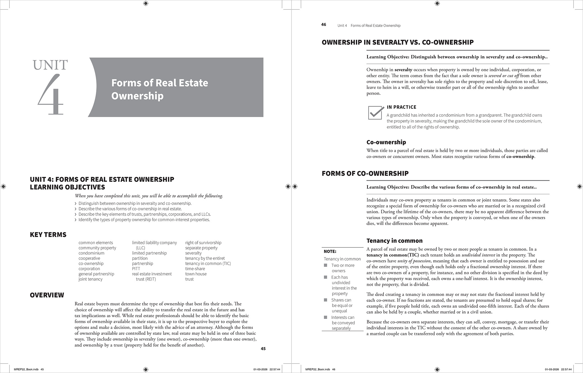 A two-page digital PDF spread of a real estate textbook, produced using Typefi automated publishing software, showing a chapter start, primary headings, secondary headings, lists, graphics, and a sidebar note box.