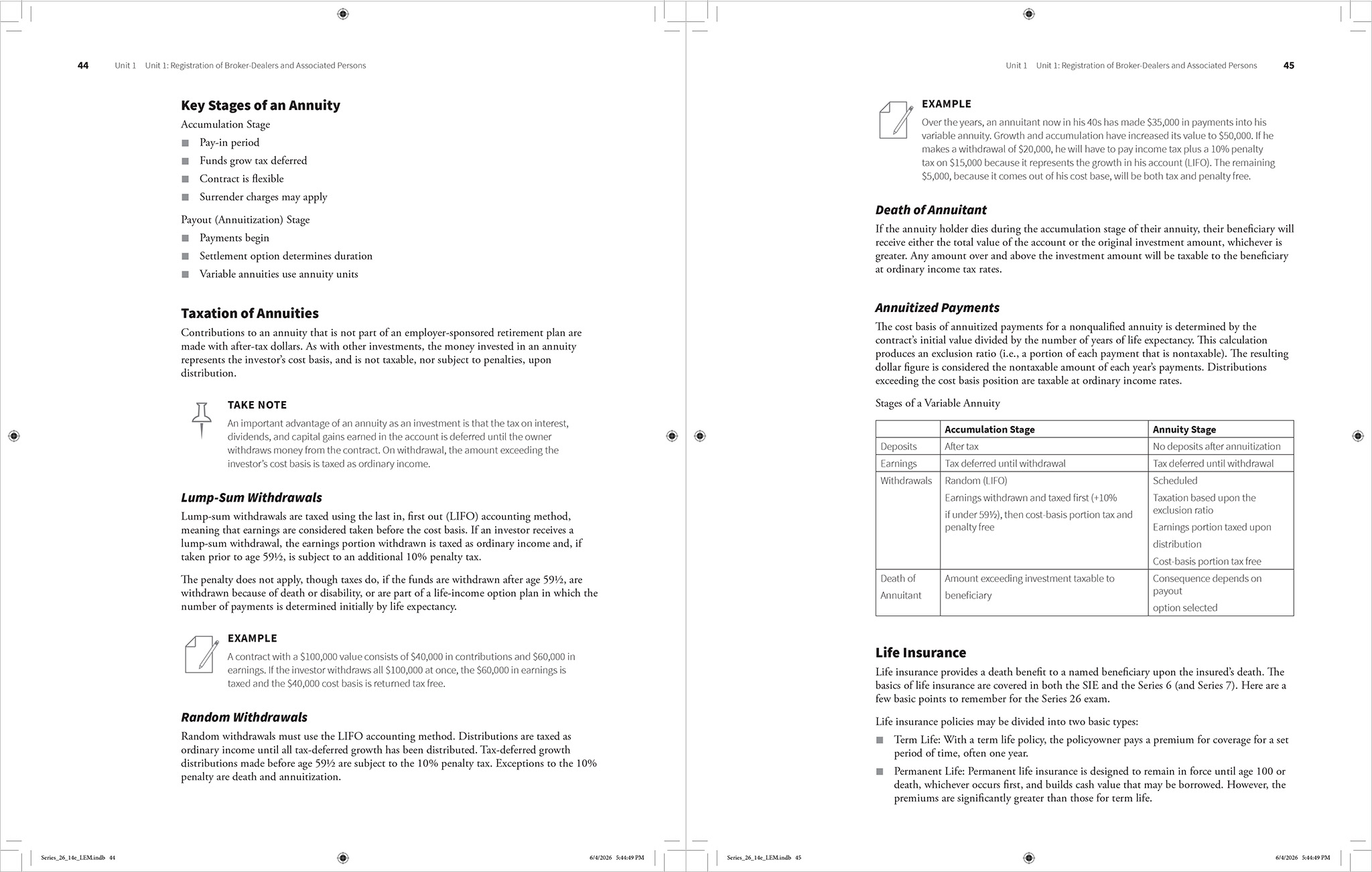 A two-page digital PDF spread of a financial services textbook, produced using Typefi automated publishing software, showing a table, bulleted lists, graphics, and section headings.