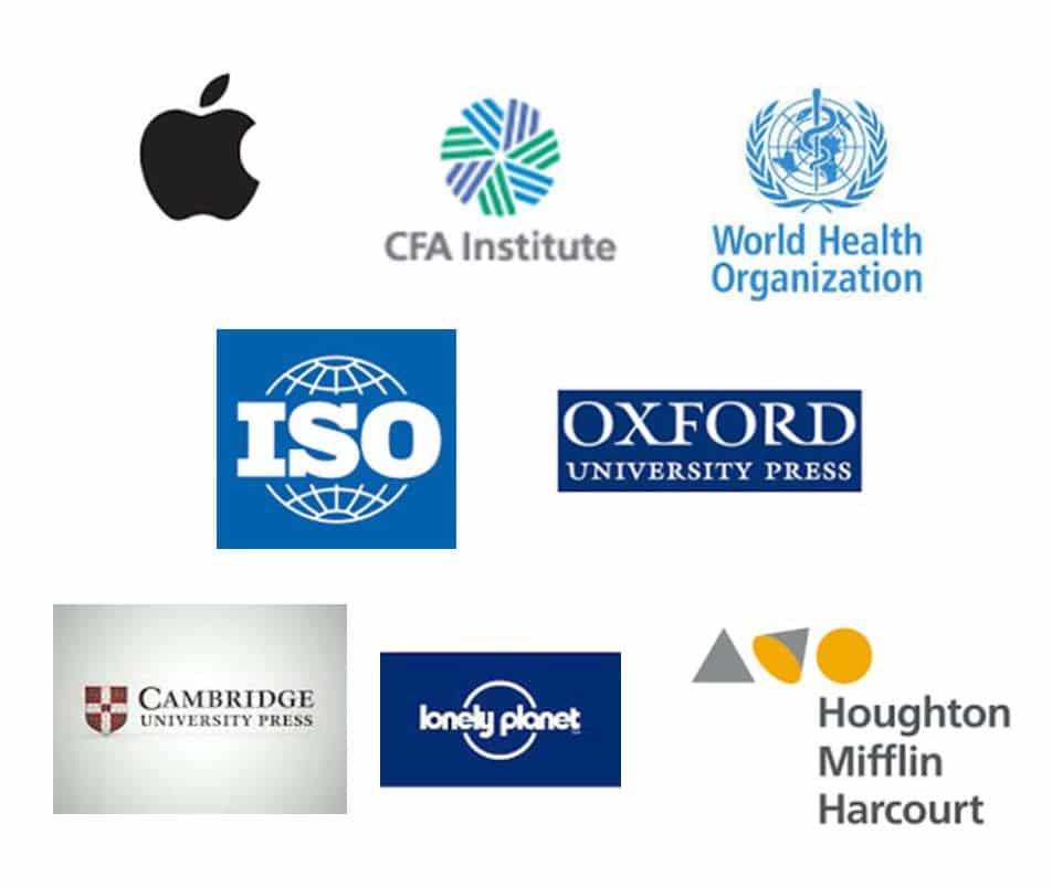 Logos for Typefi customers that LSBF contacted when choosing Typefi, including Apple, CFA Institute, World Health Organization, ISO, Oxford University Press, Cambridge University Press, Lonely Planet, and Houghton Mifflin Harcourt.