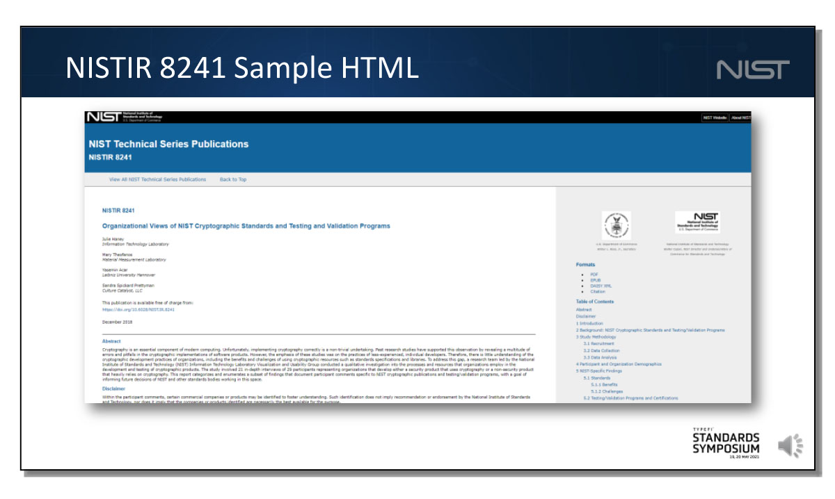 A NIST slide showing a cover page - output rendered from HTML