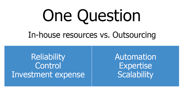 Simple diagram comparing the benefits of in-house resources versus outsourcing. Benefits of in-house resources include reliability, control, and investment expense. Benefits of outsourcing include automation, expertise, and scalability.