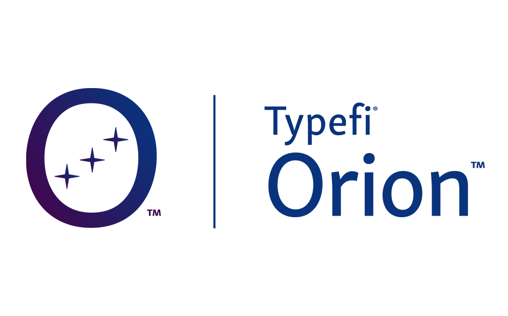 Logo of Typefi Orion. The left side shows a purple O with three stars inside it, which symbolise Orion's belt. On the right, there is text that reads: Typefi Orion.