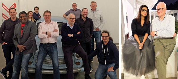 Peter Kahrel with Typefi's EMEA team standing smiling around a classic European car on the left and on the right Peter Kahrel sits with Chathini Uduwana on a bench.