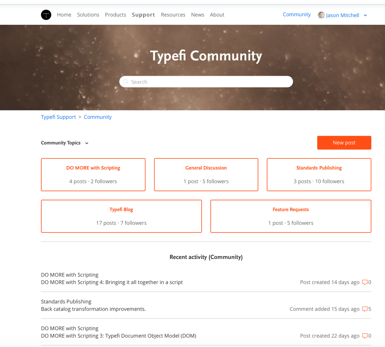 A screenshot of the Typefi Community homepage, showing a search bar, community forum topics, and recent activity.