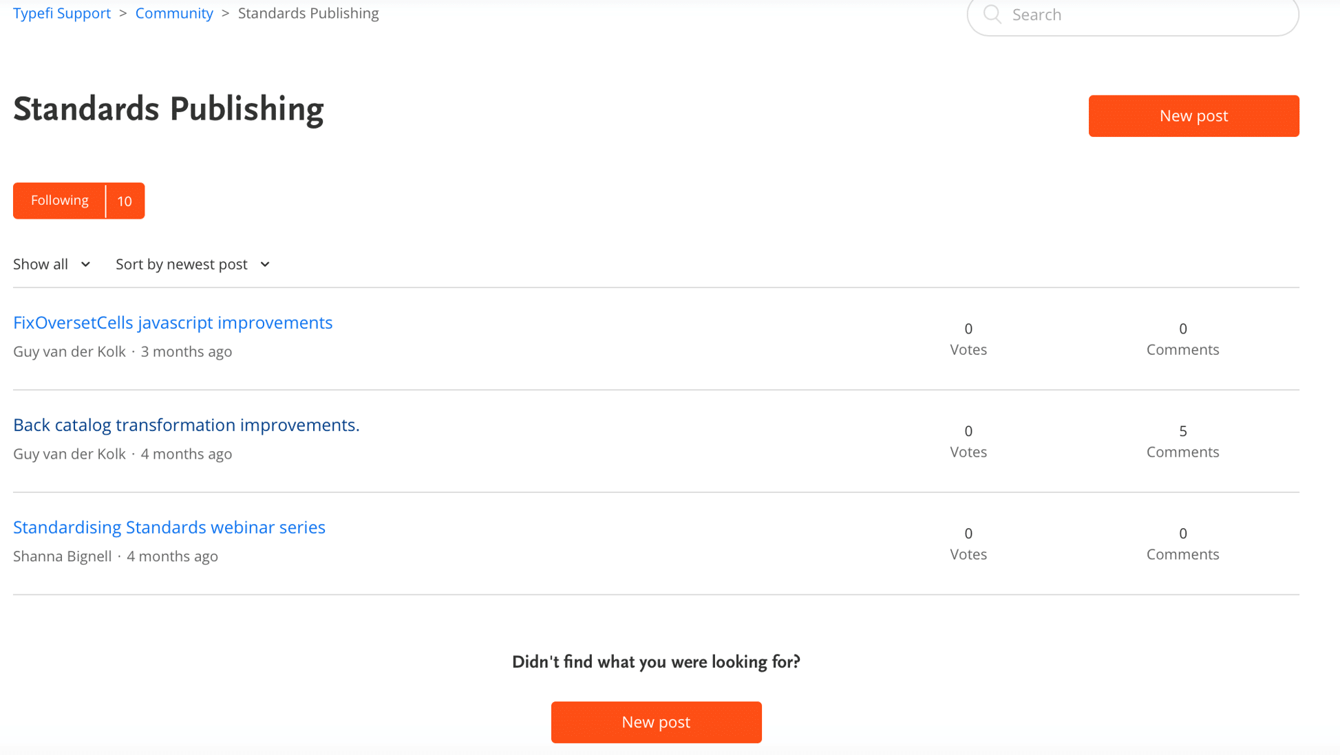 A screenshot of the Standards Publishing forum in Typefi's online community.