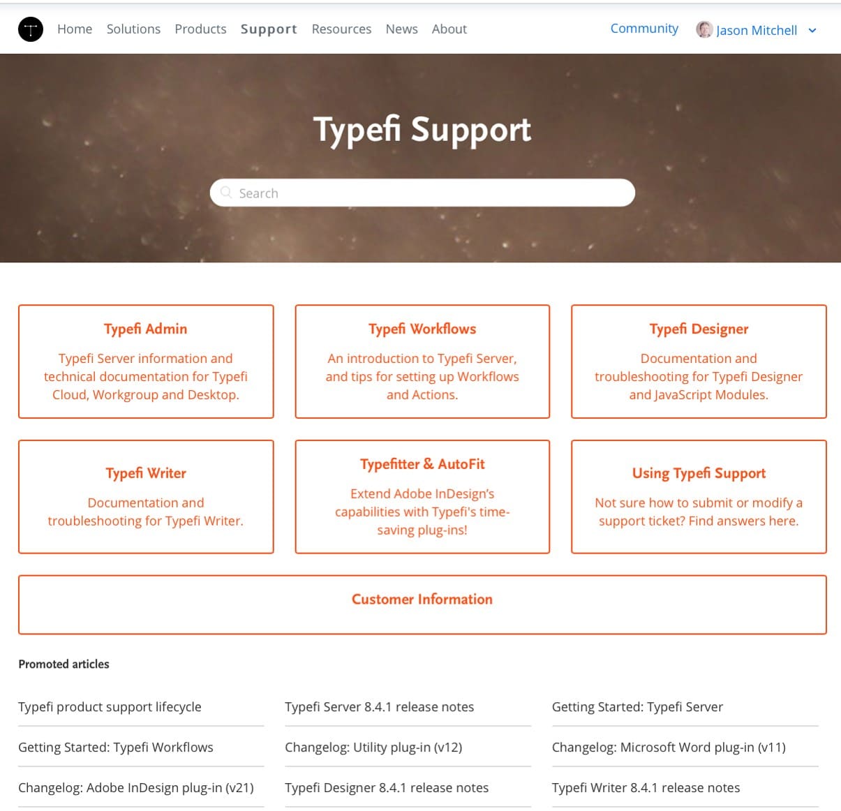 A screenshot of the Typefi Support site at help.typefi.com.