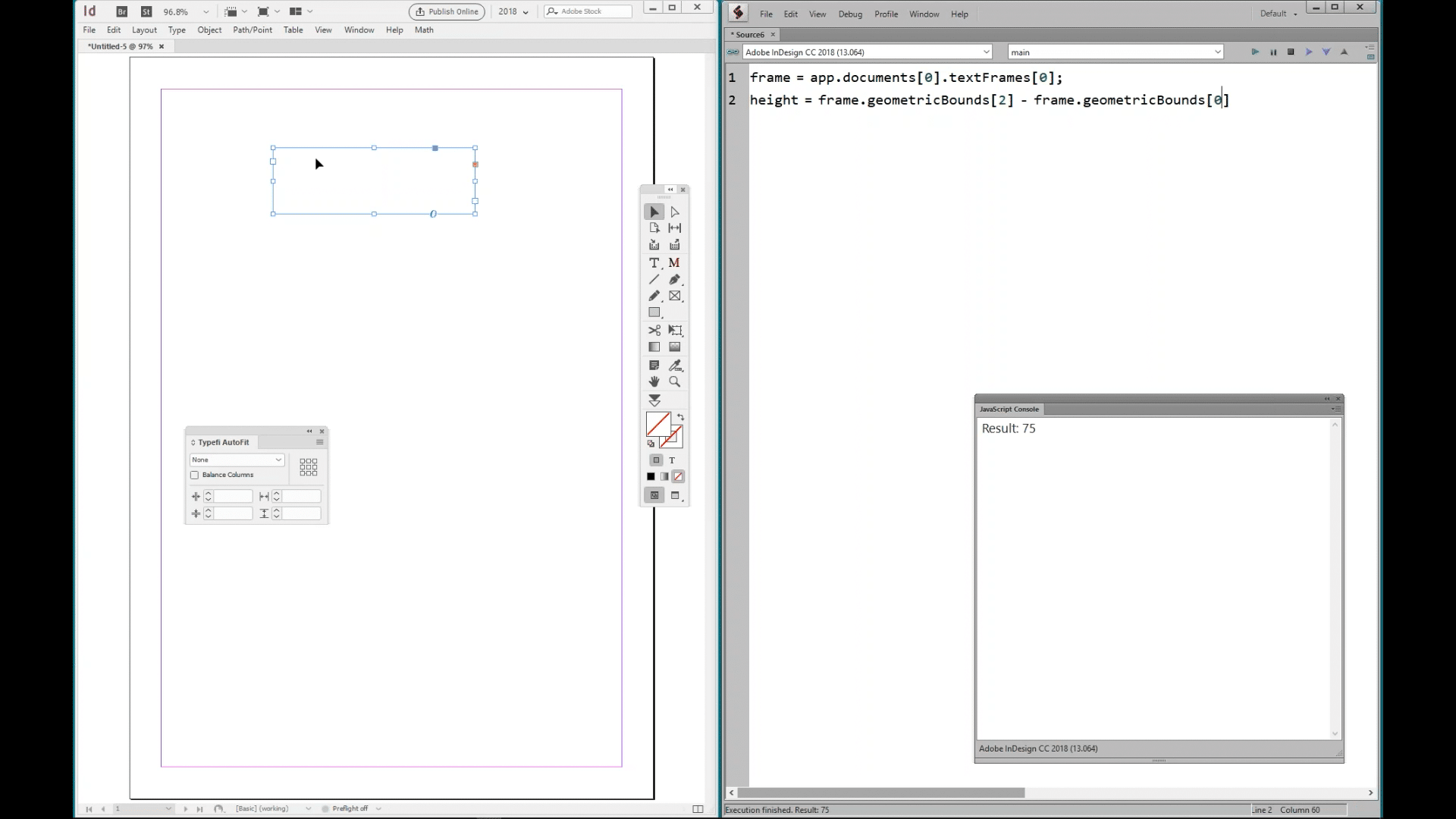 Screenshot showing how to return a text frame size with an AutoFit script.