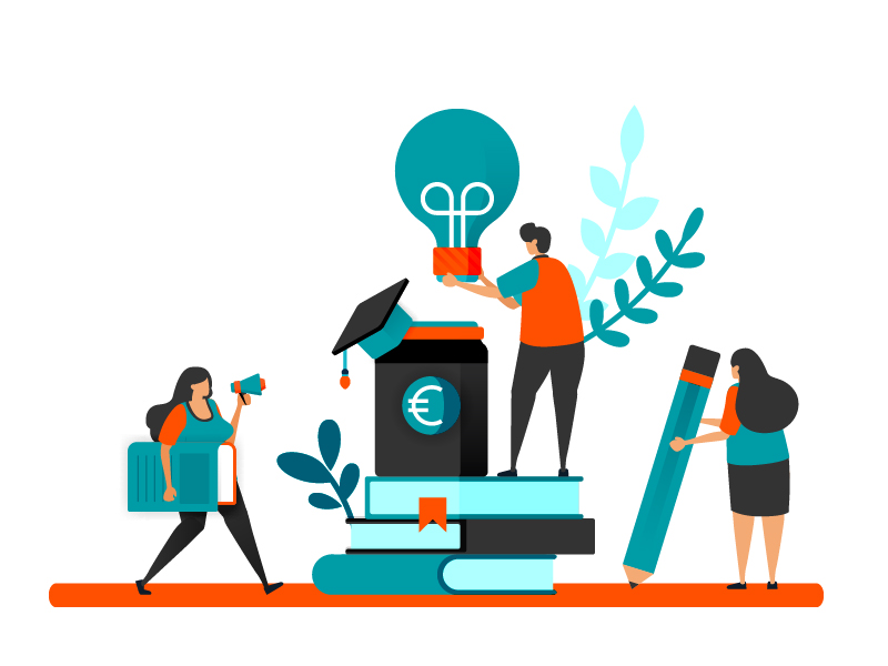 An illustration of people working with books and pencils. A light bulb, mortarboard and Euro symbol indicate that they are working with standards.