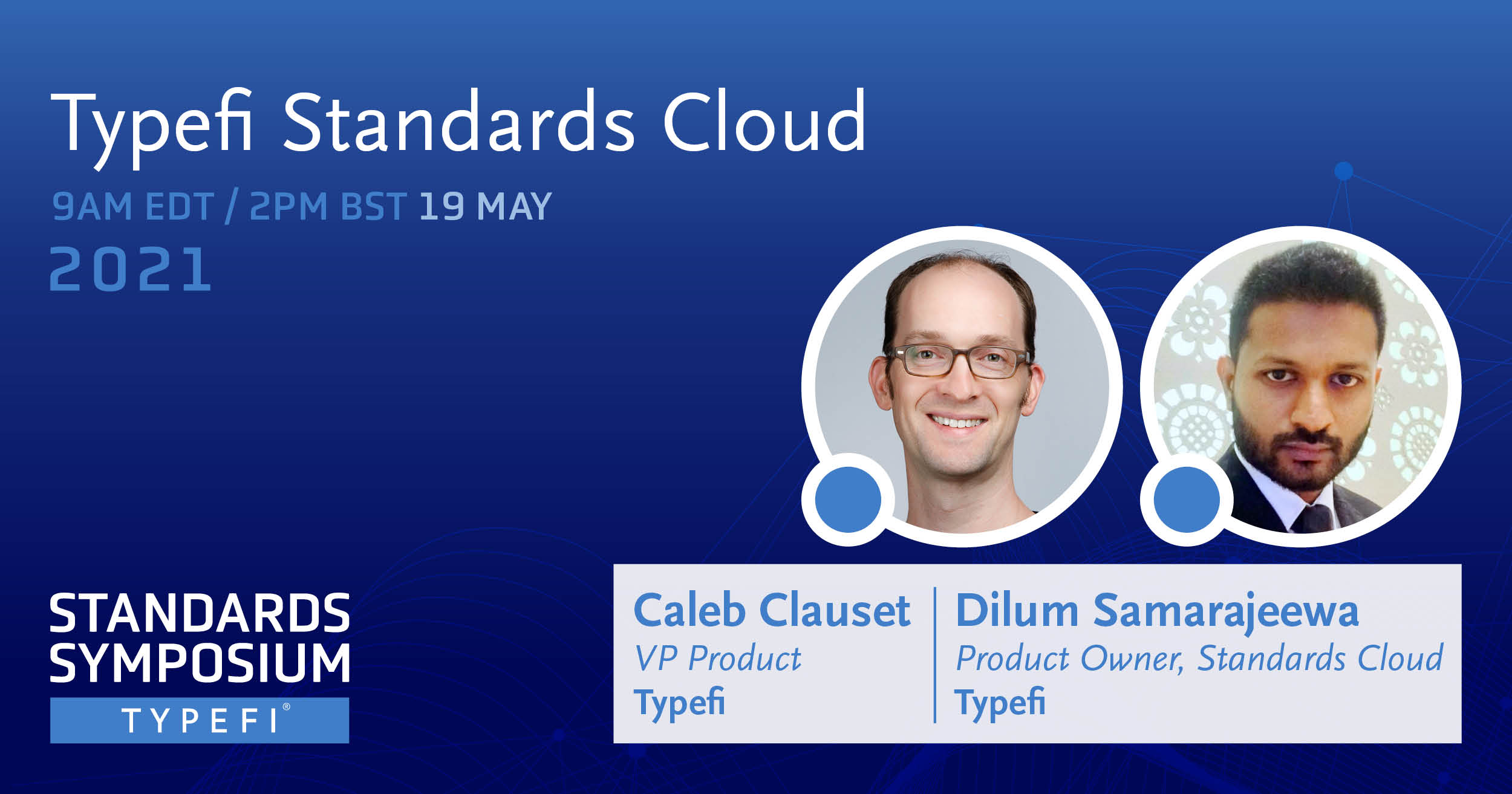 Banner advertising Typefi Standards Cloud, a demo presented by Caleb Clauset and Dilum Samarajeewa at the 2021 Typefi Standards Symposium.